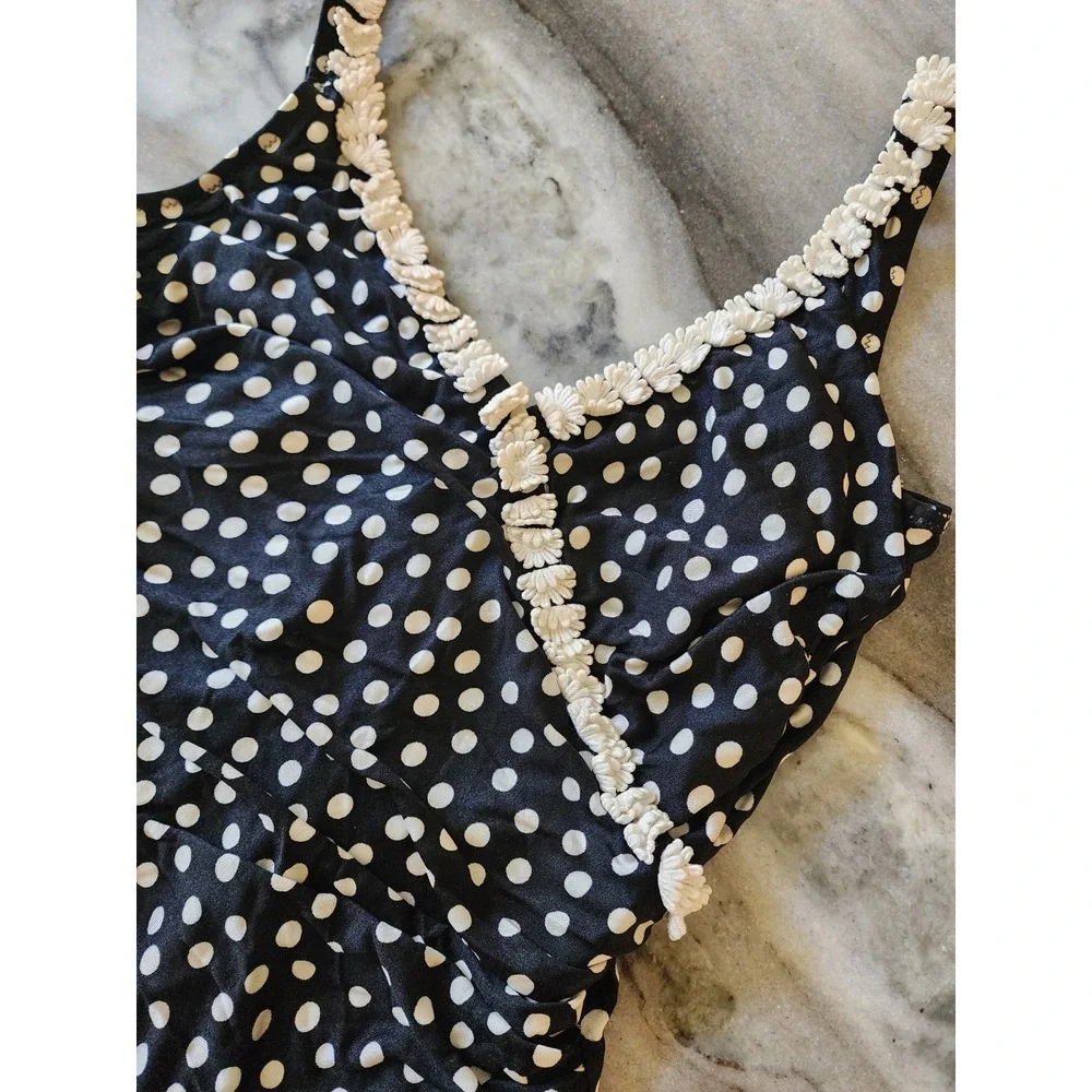 VTG 90s Polka Dot One Piece High Cut Swimsuit Retro Pin Up Daisy Crochet Trim